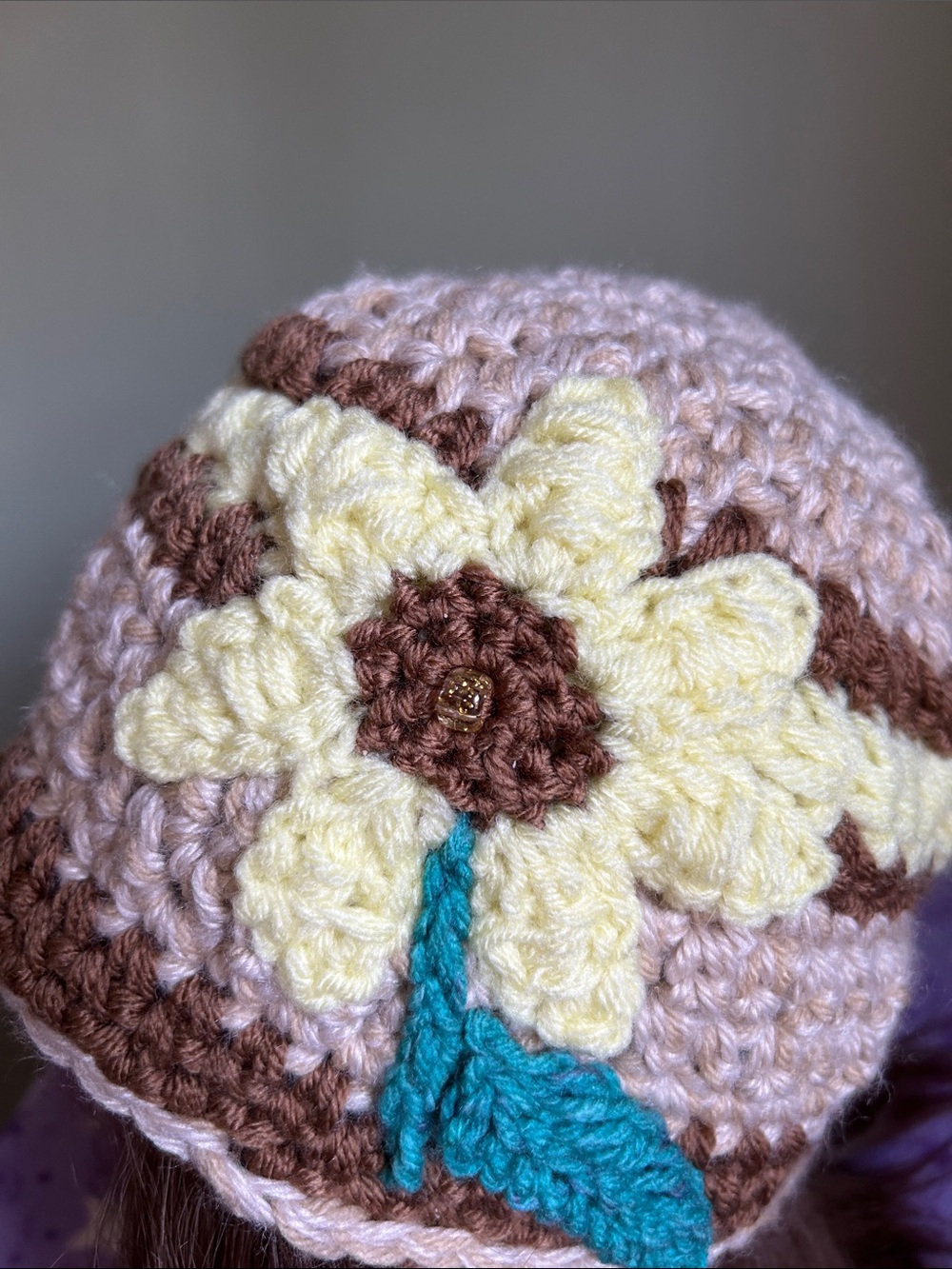 Crochet Women's Beanie with Yellow Flower Accent medium - Picture 3 of 5